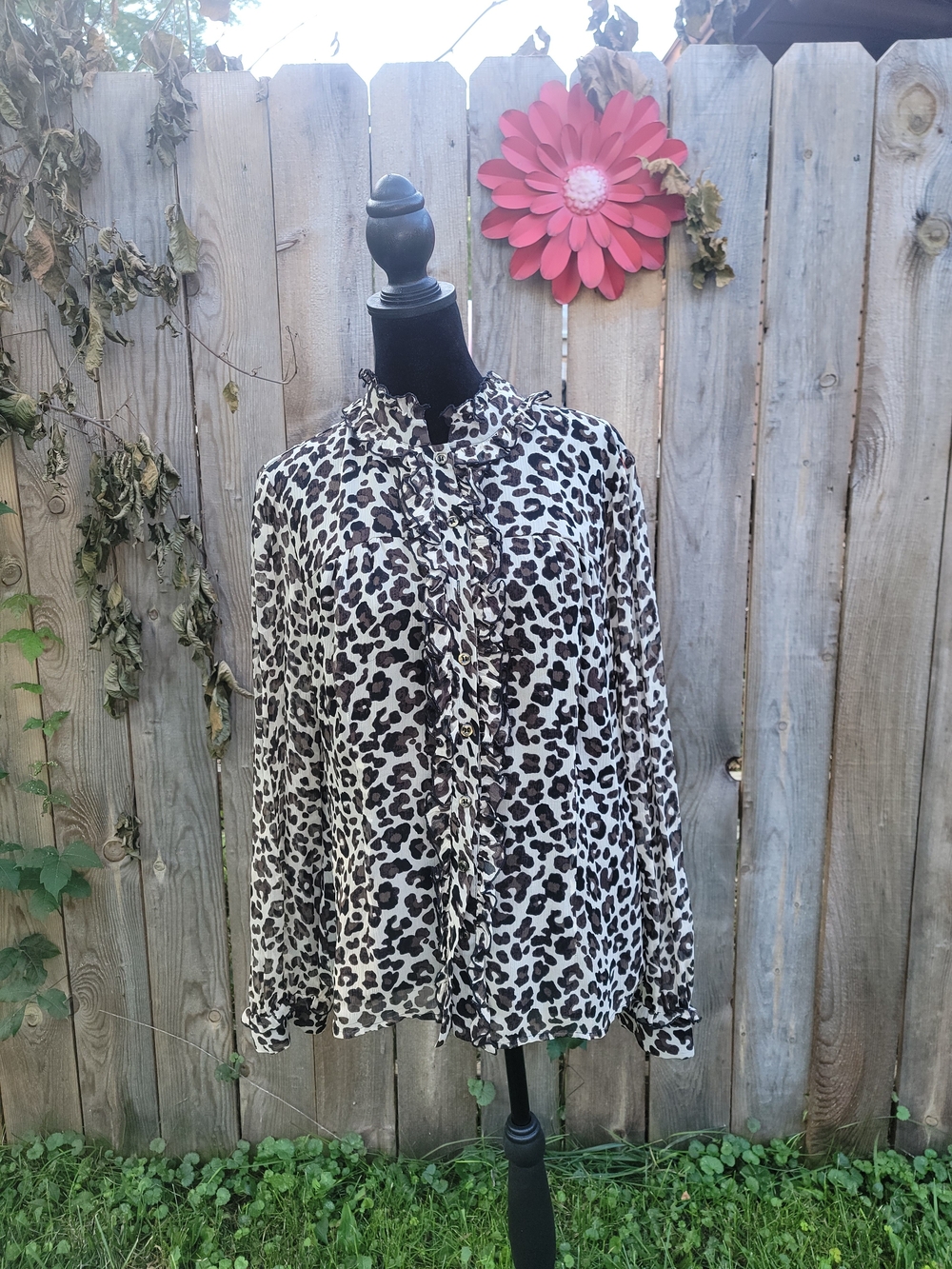 Alfani Black & Cream Leopard-Print Ruffle Blouse